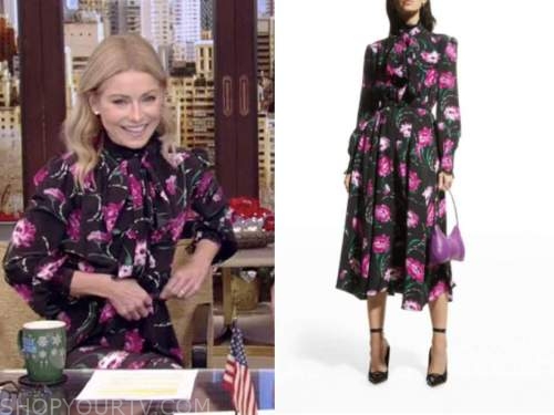 kelly ripa, black and pink floral tie neck midi dress, live with kelly and ryan