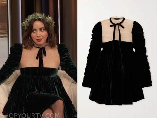 aubrey plaza, drew barrymore show, velvet tulle bow dress