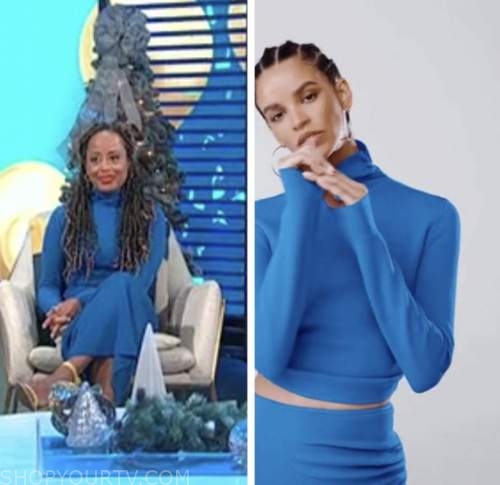 essence atkins, blue turtleneck top, blue knit skirt, E! news, daily pop