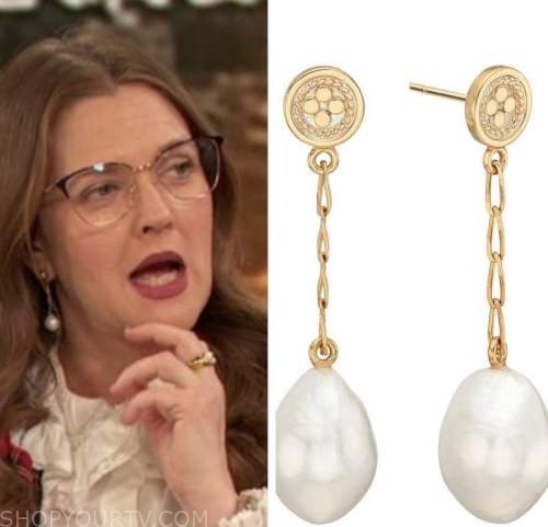 drew barrymore, drew barrymore show, pearl chain drop earrings