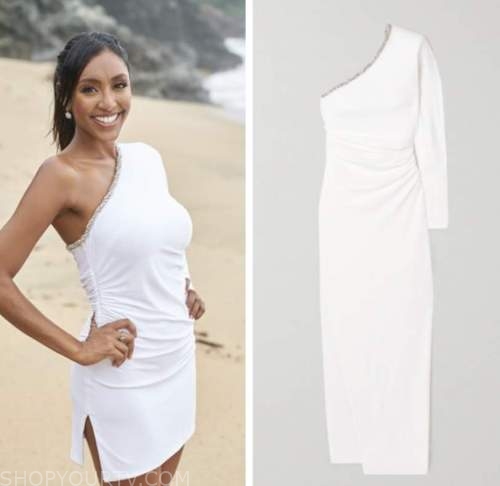 tayshia adams, the bachelorette, white crystal trim one-shoulder dress