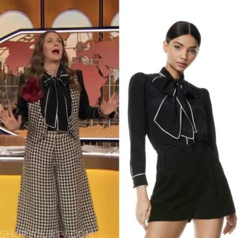 drew barrymore show, drew barrymore, black contrast trim tie neck blouse