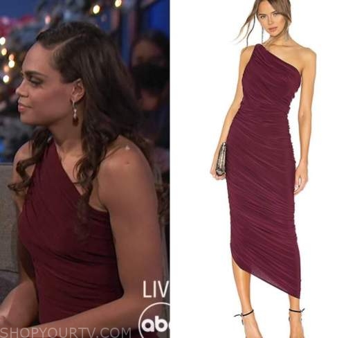 the bachelorette, michelle young, burgundy ruched one-shoulder dress, after the final rose