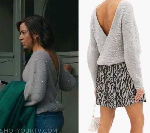 Stay Close: Season 1 Episode 3/4 Megan's Grey Embellished Stud Sweater |  Fashion, Clothes, Outfits and Wardrobe on | Shop Your TV