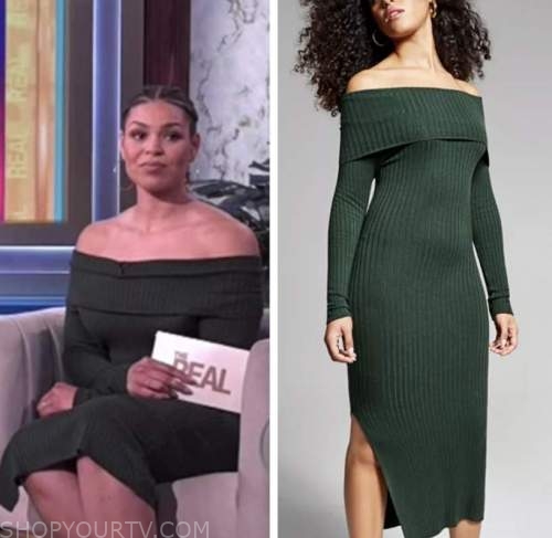 jordin sparks, the real, green off-the-shoulder sweater dress