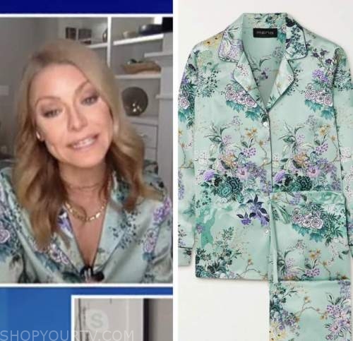 live with kelly and ryan, kelly ripa, green floral satin pajama shirt top