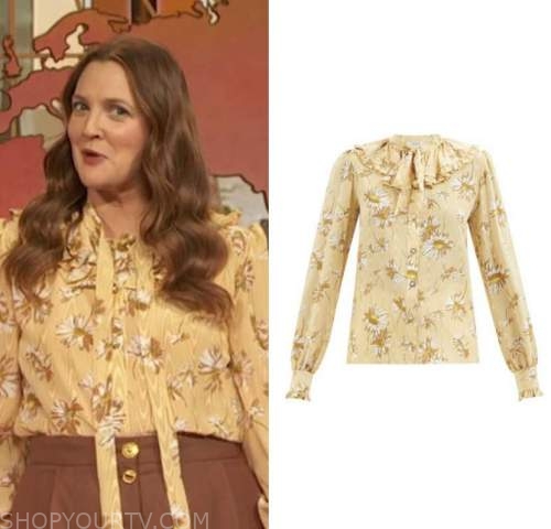 drew barrymore show, drew barrymore, yellow floral tie neck blouse