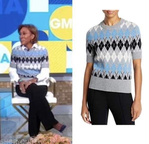 robin roberts, grey and blue short sleeve sweater, good morning america