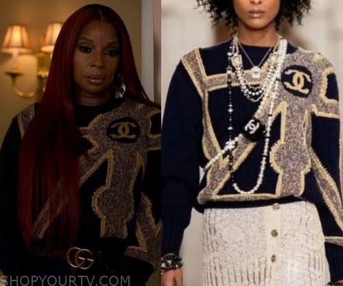 Chanel Top with gold stud button worn by Monet (Mary J. Blige) as seen in  Power Book II: Ghost TV series outfits (S02E08)