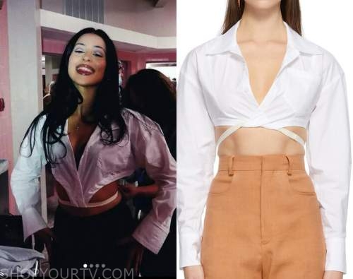 MADDY PEREZ - EUPHORIA OUTFITS … can anyone help me find this outfit?? I  love the long sleeve half torso cardigan tie front she's wearing in this  but I can't find it