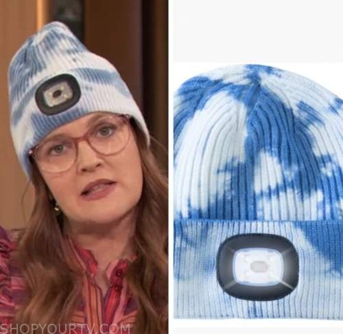 drew barrymore, drew barrymore show, blue tie dye headlamp beanie hat