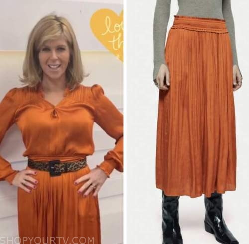 kate garraway, good morning britain, orange satin skirt