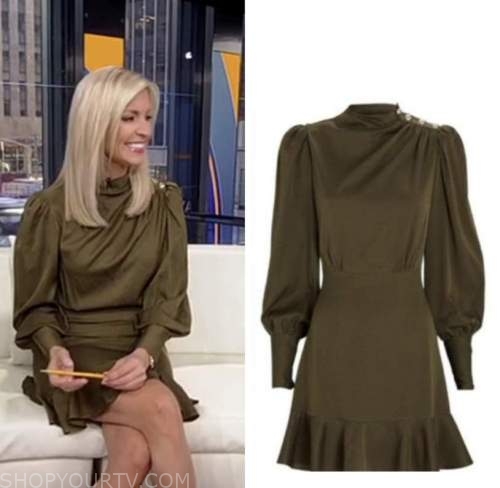 ainsley earhardt, fox and friends, green silk drape button shoulder dress