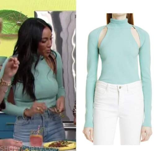the good dish, tayshia adams, blue turtleneck cutout top