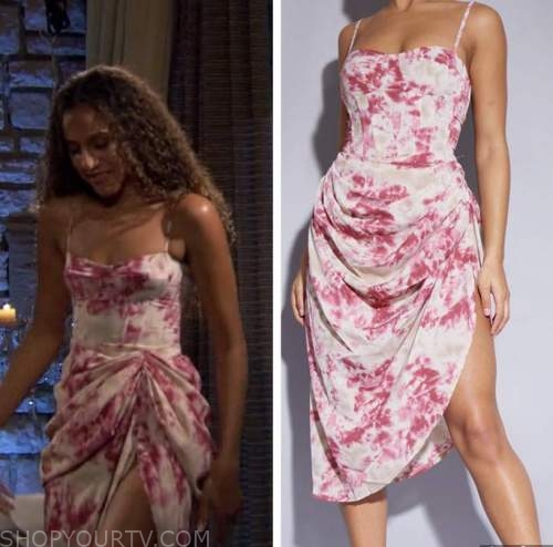 teddi wright, the bachelor, pink printed top and skirt dress