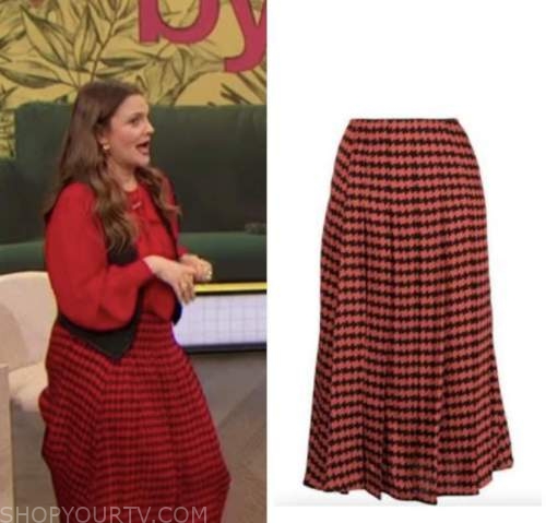 drew barrymore, drew barrymore show, red and black houndstooth skirt