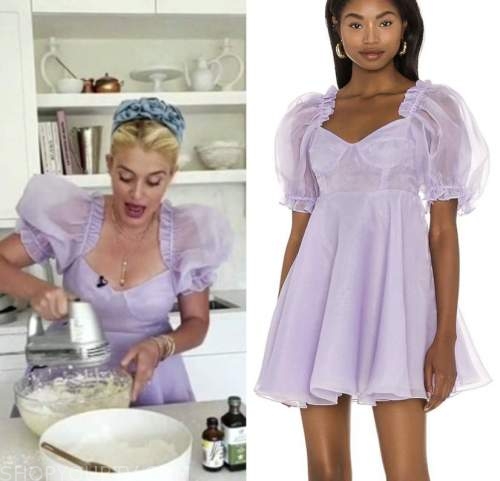 daphne oz, purple tulle puff sleeve dress, the good dish