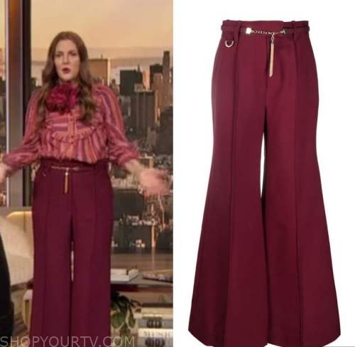 drew barrymore, drew barrymore show, burgundy chain flare pants trousers