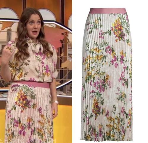 drew barrymore, drew barrymore show, ivory floral pleated skirt