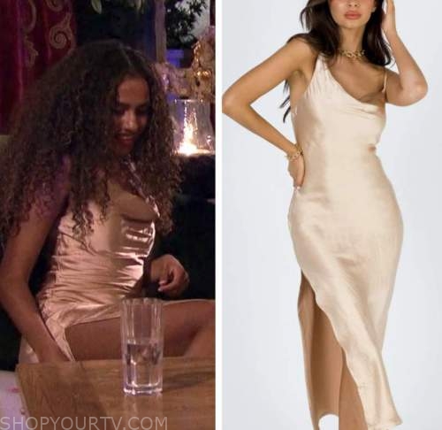 the bachelor, gold satin midi dress, teddi wright
