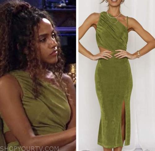 teddi wright, green one-shoulder dress, the bachelor