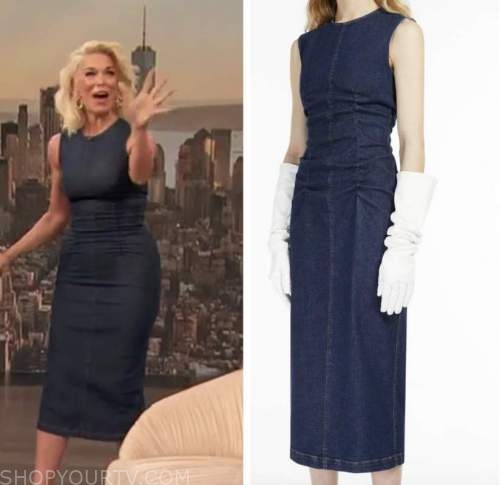 hannah waddingham, drew barrymore show, denim midi pencil dress