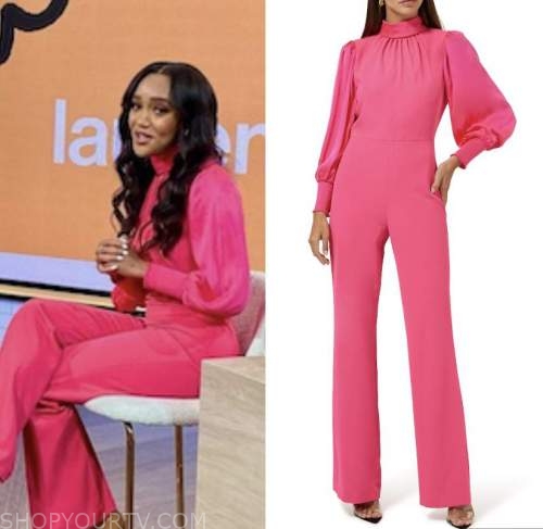 lauren simmons, drew barrymore show, pink mock neck jumpsuit