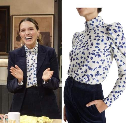sophia bush, drew barrymore show, blue and white floral turtleneck blouse top