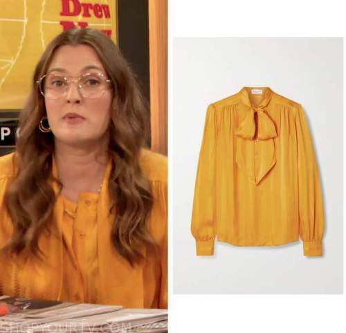 drew barrymore show, drew barrymore, yellow orange tie neck blouse