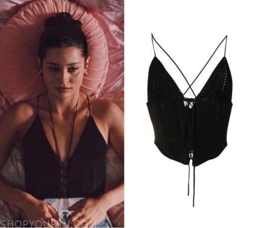 Marc Jacobs Devon Slip Dress in black worn by Maddy Perez (Alexa Demie) as  seen in Euphoria TV series wardrobe (S02E04)