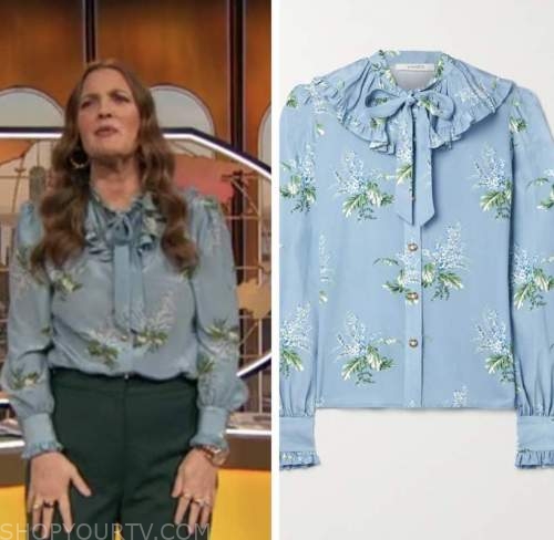 drew barrymore, drew barrymore show, blue floral tie neck ruffle blouse