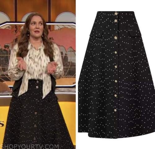 drew barrymore, drew barrymore show, black polka dot midi skirt