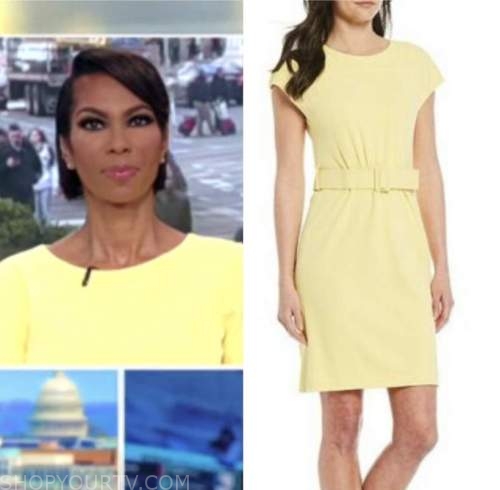 harris faulkner, outnumbered, yellow belted sheath dress