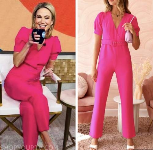 Good Morning America: March 2022 Amy Robach's Pink Wrap Belted Jumpsuit ...