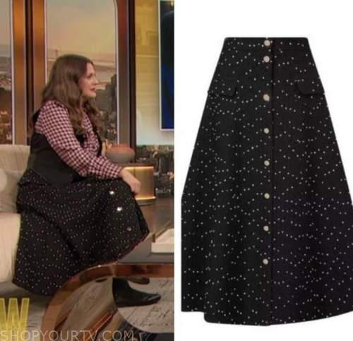 drew barrymore, drew barrymore show, black dot midi skirt