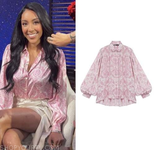 tayshia adams, the bachelor, pink printed blouse