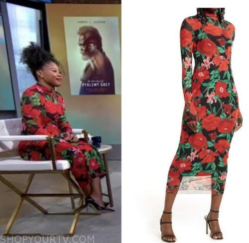 dominique fishback, good morning america, black and red floral turtleneck dress