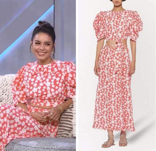 vanessa hudgens, the kelly clarkson show, red and white floral crop top and skirt dress