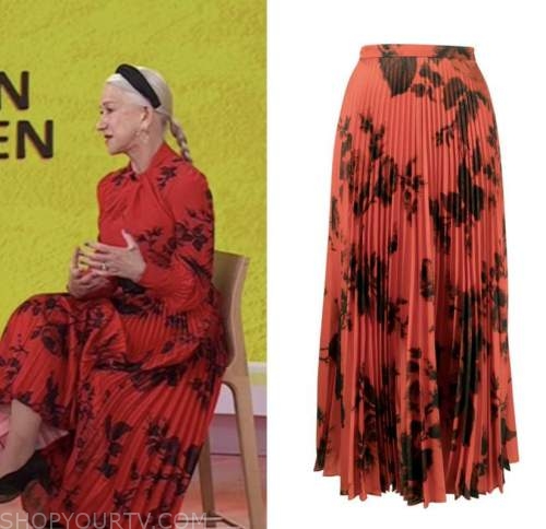helen mirren, the today show, red and black floral pleated midi skirt