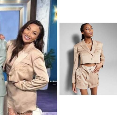 the real, jeannie mai, beige satin cropped jacket and shorts