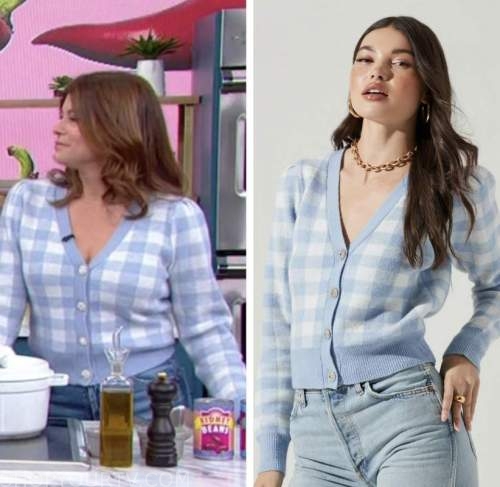 the good dish, gail simmons, blue check gingham cardigan sweater