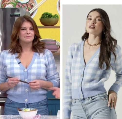 the good dish, gail simmons, blue gingham cardigan sweater