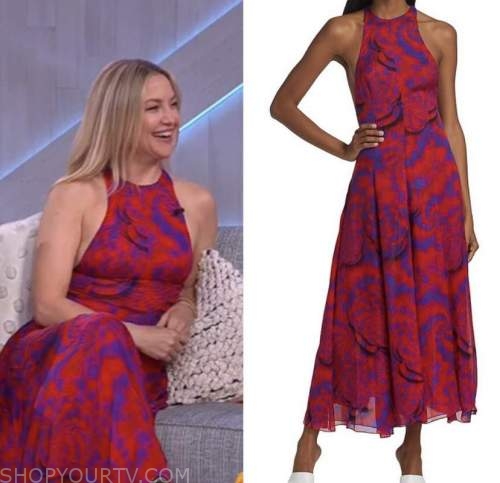 the kelly clarkson show, kate hudson, red and blue floral dress