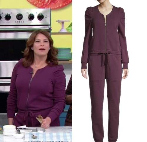 the good dish, gail simmons, purple knit puff sleeve jumpsuit