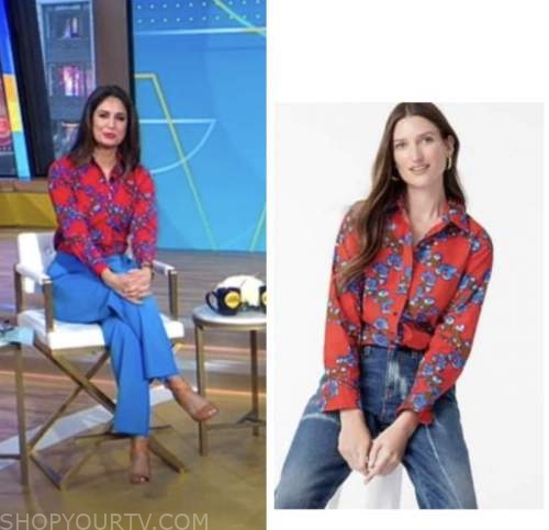cecilia vega, good morning america, red and blue floral shirt