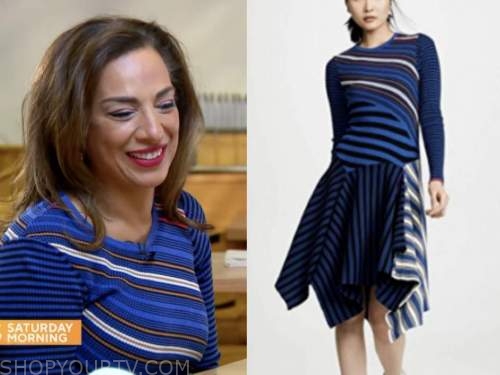 michelle miller, cbs mornings, blue striped knit asymmetric dress