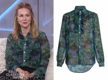 laura linney, the kelly clarkson show, green and purple floral ruffle blouse