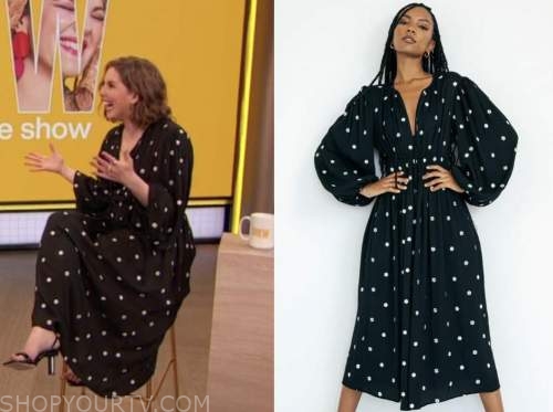 vanessa bayer, drew barrymore show, black flora lembroidered dress