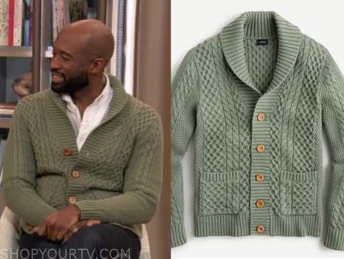 mikel welch, drew barrymore show, green cable knit cardigan sweater