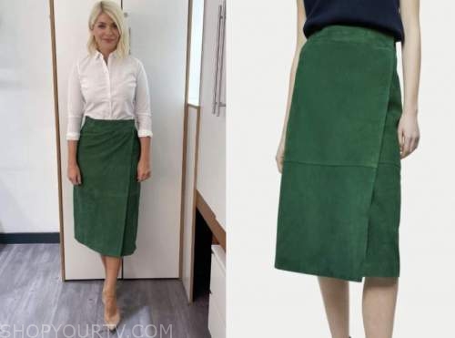 holly willoughby, this morning, green suede wrap skirt